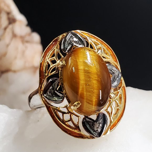 Sterling Silver 925/18k Gold Ring Tiger Eye Raw Diamonds Unique Designer Jewelry - Picture 1 of 10